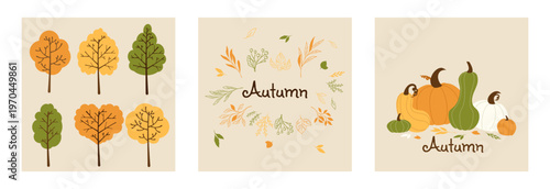 Autumn trees, leaves and pumpkins in flat graphic style on a light beige background, expressing a warm seasonal harvest concept with natural decorative elements. Hand-drawn vector illustration