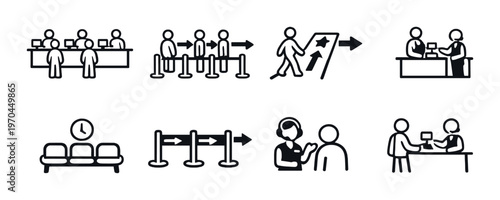 Customer service queuing icons showing waiting and counter service