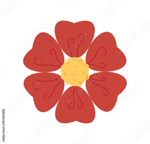 A stylized red flower with heart-shaped petals in a flat style on a white background, symbolizing beauty and nature in a clean minimal concept. Hand-drawn vector illustration