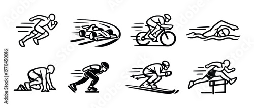 Sports and racing icons arranged in two rows on gray background