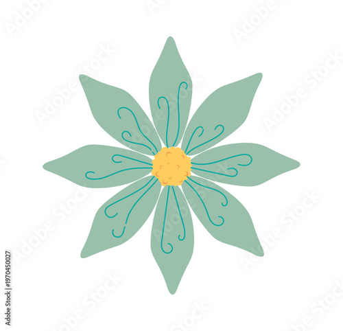 A stylized green flower with simple decorative lines in a minimal graphic style on a clean white background, representing nature and harmony. Hand-drawn vector illustration
