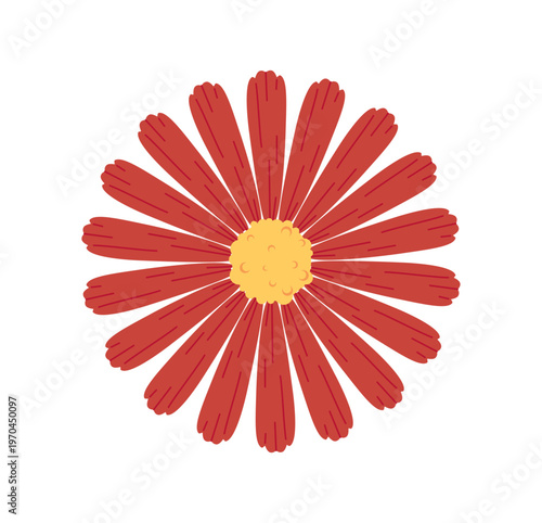 Red flower with yellow center in flat style on white background symbolizing nature and beauty. Hand-drawn vector illustration concept piece artwork theme