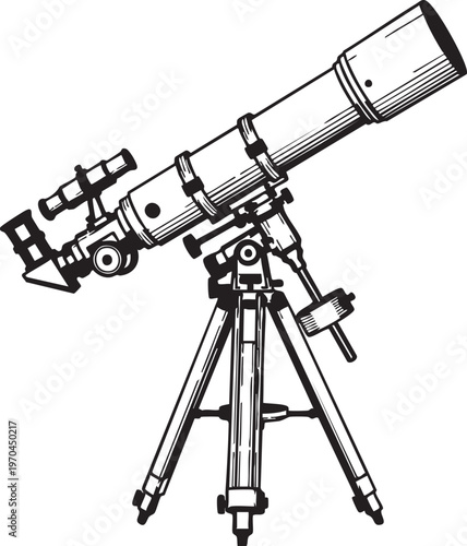 Black and white illustration of a telescope on a tripod stand