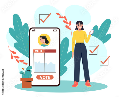 A woman using a phone beside a large mobile voting screen in a flat style on an abstract leafy background, representing digital elections. Hand-drawn vector illustration