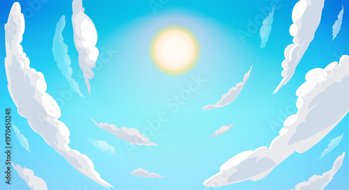 Bright sun with scattered white clouds in simple cartoon style on a clear blue sky background, symbolizing calm weather and atmosphere. Hand-drawn vector illustration