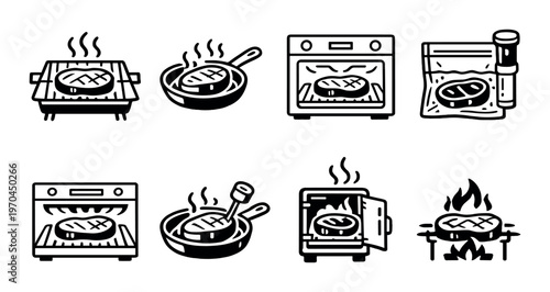 Steak cooking and grilling icons on dark textured background