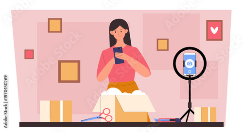A woman preparing packages with a phone and ring light in a simple cartoon style on a soft pink background, showing online selling concept. Hand-drawn vector illustration