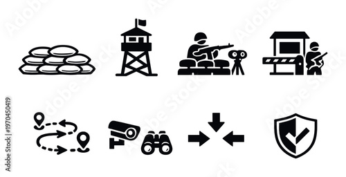 Perimeter security and checkpoint icons with surveillance elements