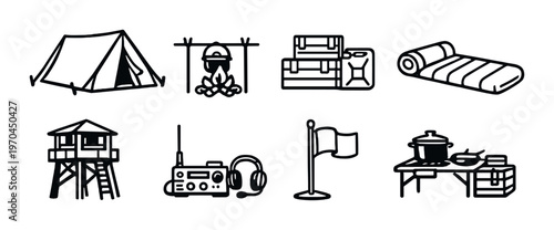 Camping gear and camp base icons at outdoor campsite