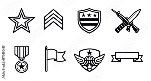 Military badges and insignia icons on dark gradient background