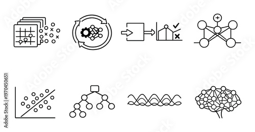 Data science icons showing models evaluation and networks on dark