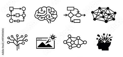 Collection of neural network and algorithm icons on dark background