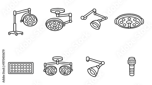 Surgical lights and operating lamps arranged on gray background