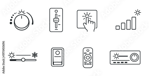 Lighting control icons with knobs sliders and remote on gray