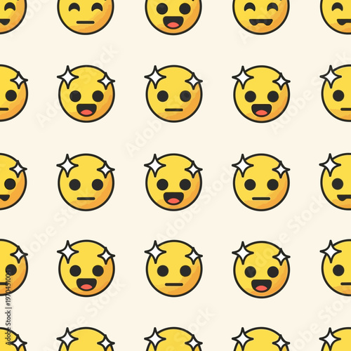 Seamless Pattern of Sparkling Happy Emoji Faces.