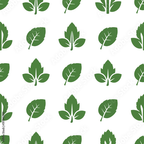 Seamless Pattern of Various Green Leaf Illustrations.