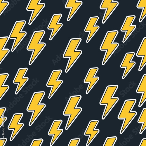 Seamless Pattern of Yellow Lightning Bolts on Dark Background.