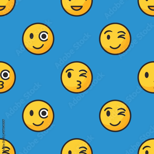 Seamless pattern of yellow smiley face emojis on blue background.