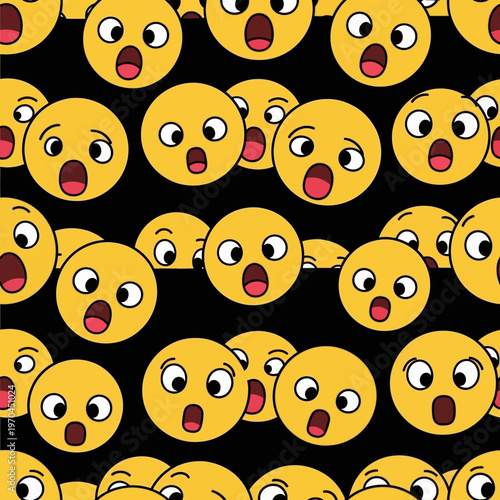 Surprised Emoji Faces Pattern on Black Background.