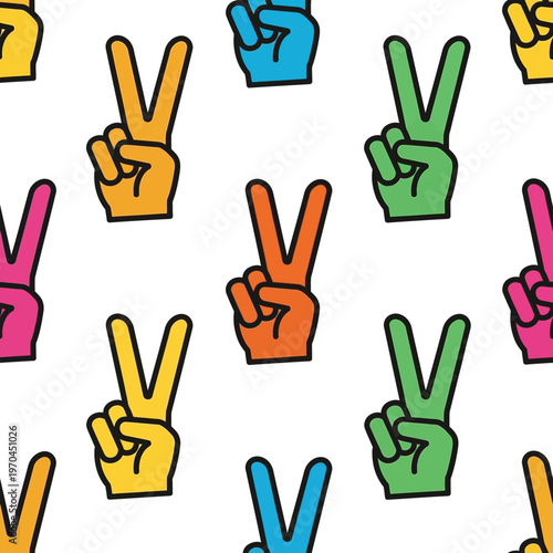 Colorful Peace Sign Hand Gestures Seamless Pattern.