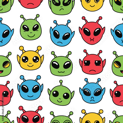 Cute Cartoon Alien Faces Seamless Pattern.