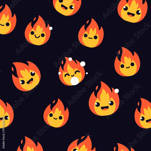 Cute Cartoon Fire Characters Seamless Pattern.