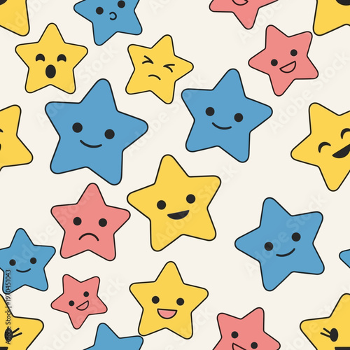 Cute Cartoon Stars with Various Expressive Faces Seamless Pattern.