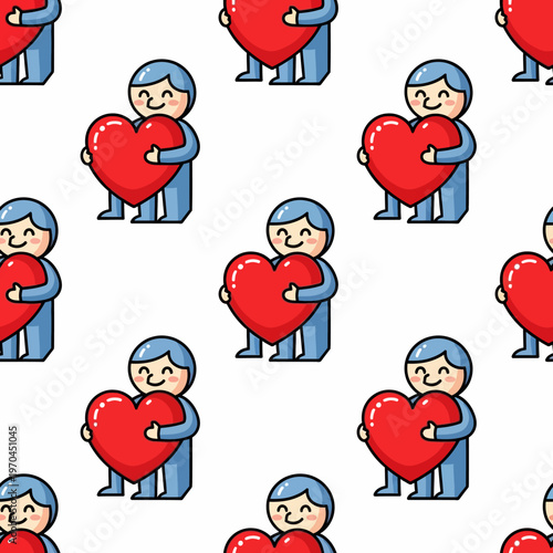 Cute Cartoon Person Holding a Big Red Heart Seamless Pattern.