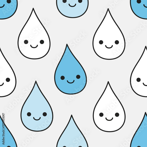 Cute Kawaii Water Droplet Characters Seamless Pattern.