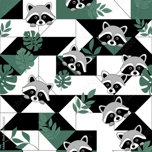 Cute Raccoon Faces Pattern Seamless Design.