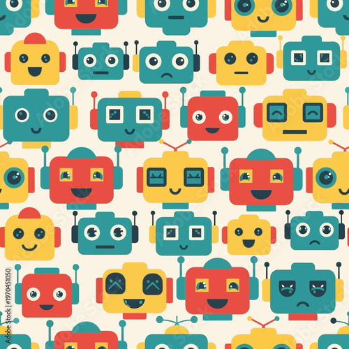Cute Robot Faces Pattern Seamless Design.