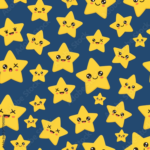 Cute Kawaii Yellow Stars with Happy Faces Pattern.