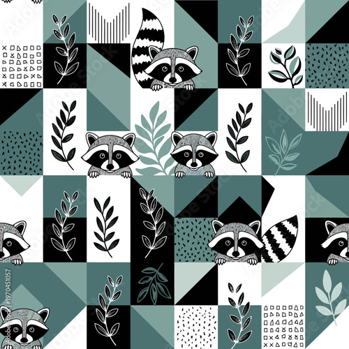Cute Raccoon Faces Pattern with Geometric Background.