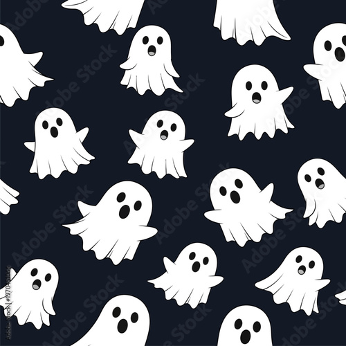 Cute White Ghosts Halloween Pattern Seamless.