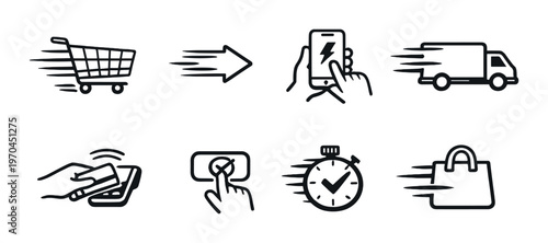 Fast checkout and delivery icons illustrating mobile payment process
