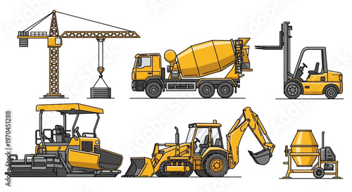 Set of heavy construction vehicles and machinery icons in yellow color flat vector style