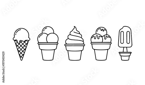 Minimal line art ice cream cone vector icons with simple sweet treat illustrations for UI and web design