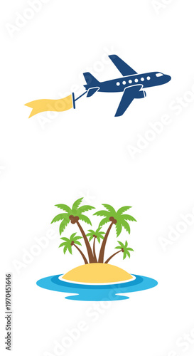 Airplane with banner flies over tropical island, travel and vacation concept