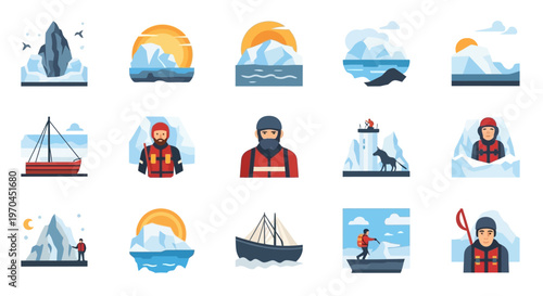 Arctic Exploration Icons: Icebergs, Sailors, Ships, and Wildlife