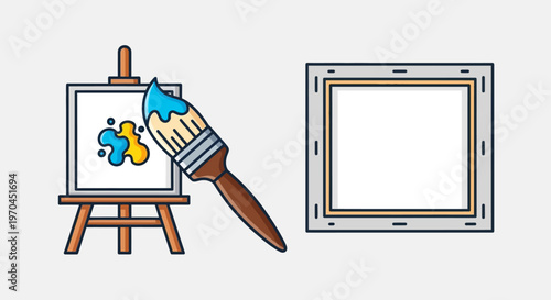 Artist's Easel with Canvas and Brush, Blank Frame Ready for Art