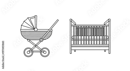 Baby stroller and crib line art icons for nursery and infant care