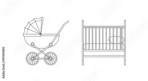 Baby Pram and Crib Icon Set - Line Art Vector Illustration