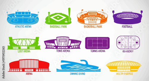 Collection of Modern Sports Arenas and Stadiums - Vector Icons