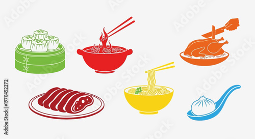 Colorful Asian Food Icons: Dumplings, Noodles, Roast Chicken, Meat Slices, Hot Pot