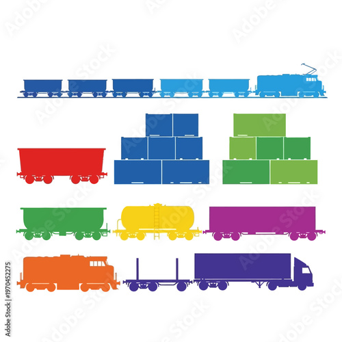 Colorful Cargo Train, Shipping Containers, and Truck Silhouettes Set