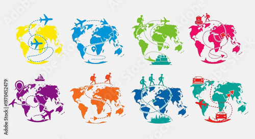 Colorful World Maps with Travel Routes and Icons: Global Adventure Concept