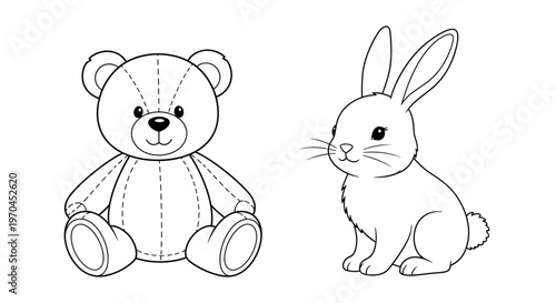 Cute teddy bear and bunny illustration, hand-drawn style, isolated on white.