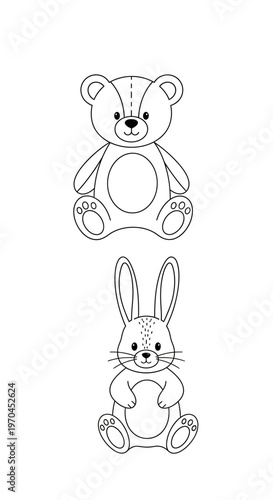 Cute Teddy Bear and Bunny Outline Drawing for Coloring Pages