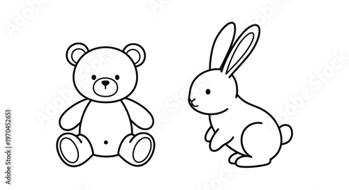 Cute teddy bear and bunny outline illustration, isolated on white background