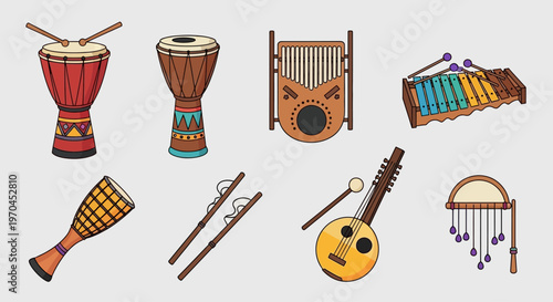 Diverse African Musical Instruments Collection, Drums, Flutes, Kalimba, Xylophone